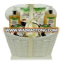 coconut scented body and bath gift set in plastic woven basket